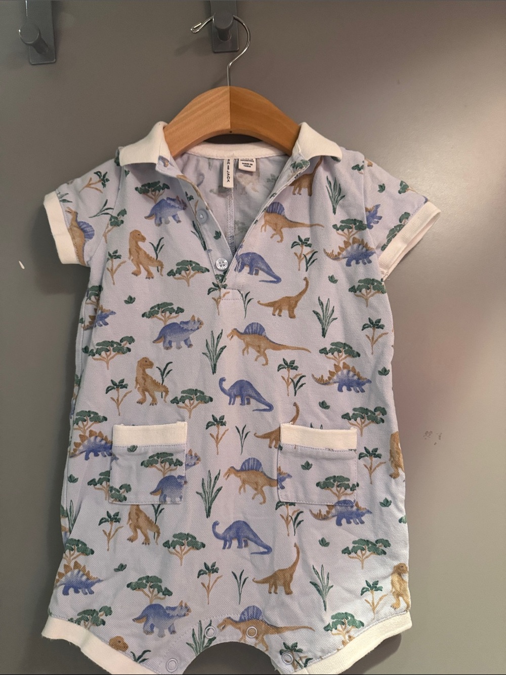 Janie and Jack Light Blue Dinosaur Polo Romper